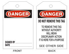 DANGER BLANK TAGS - BACK 2, 6.125X3, Rigid Vinyl, 25/PK