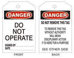 DANGER DO NOT OPERATE TAGS - BACK 2, 6.125X3, Laminated Tag Board, 10/PK