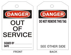 DANGER OUT OF SERVICE TAGS - BACK 1, 6.125X3, Laminated Tag Board, 10/PK